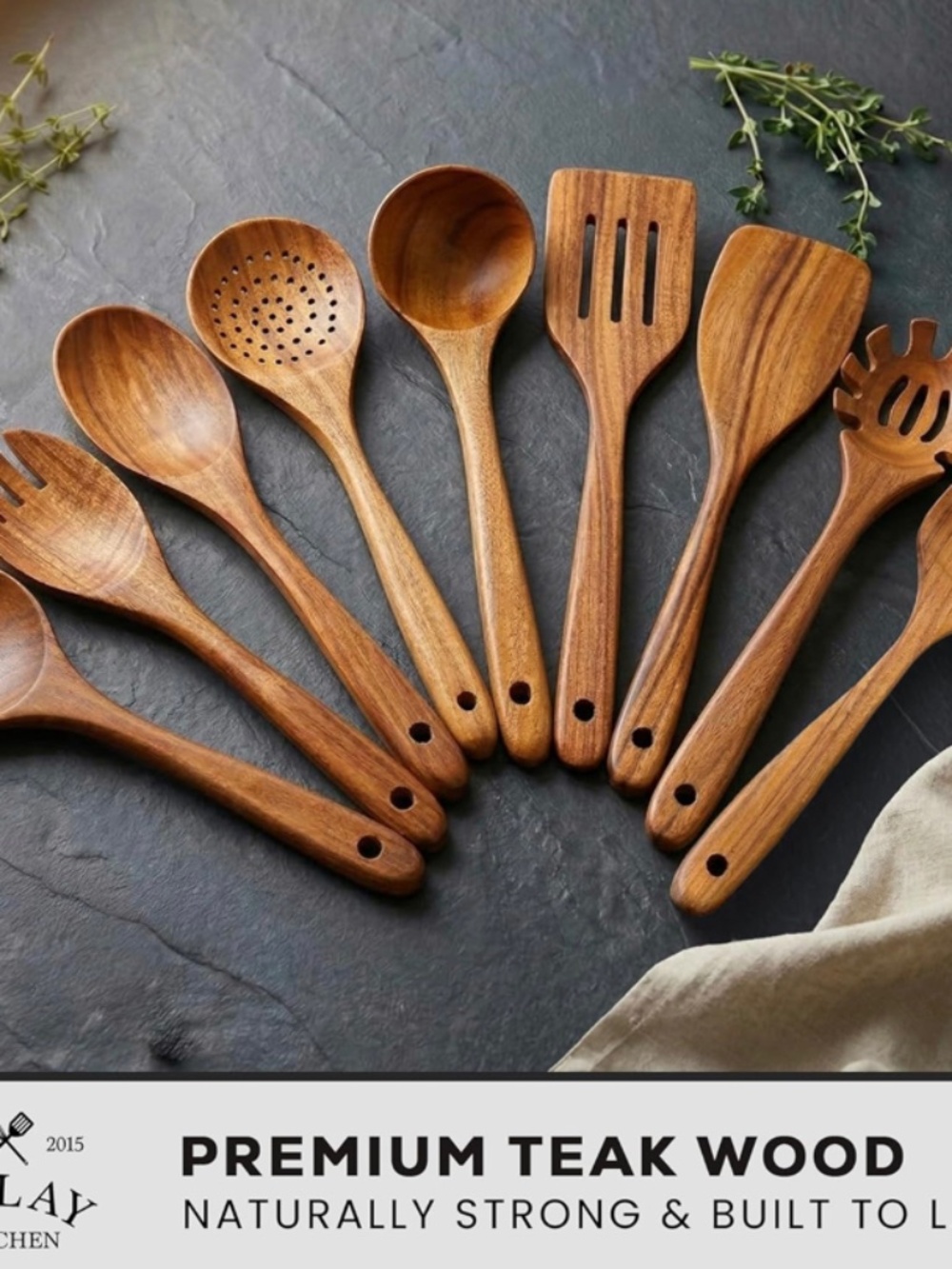 Zulay Kitchen 9pc Premium Teak Wood Cooking Utensils Set - Extra Large